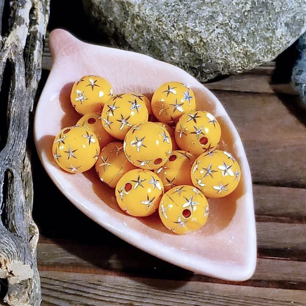 Vintage Retro Orange Silver Stars 12mm Round Acrylic Shabby Chic Beads 10 pcs
